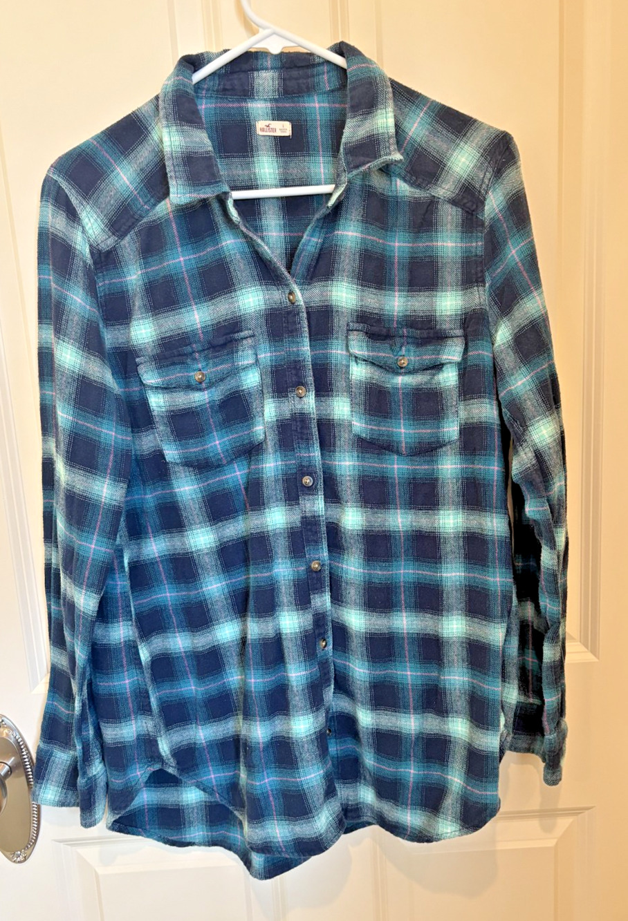 Hollister Blue Plaid Shirt Top Womens Size Large LS Flannel Button Lightweight